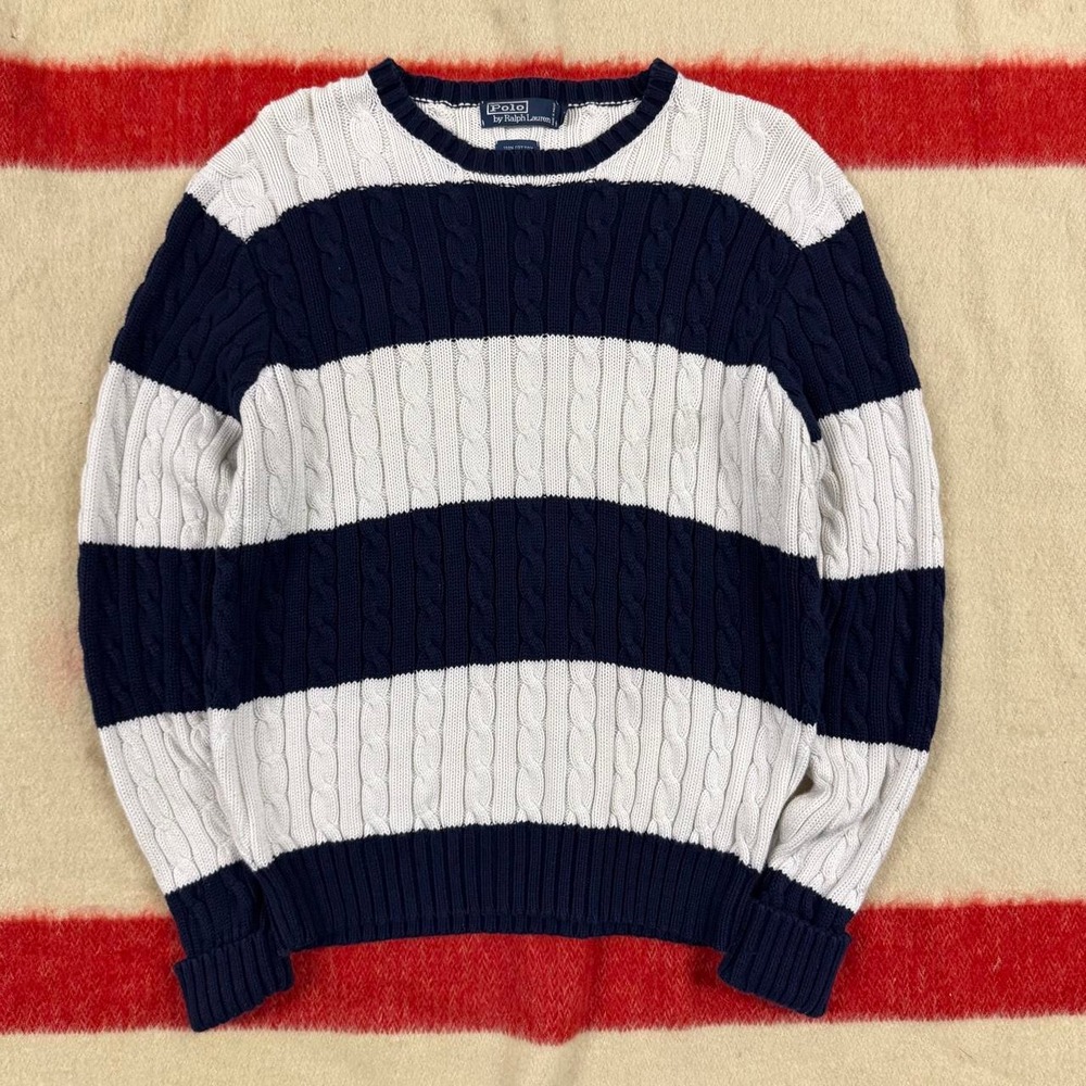 Vintage Polo Ralph Lauren Striped Cable Knit Sweater Mens L Navy Grey 90s Cotton